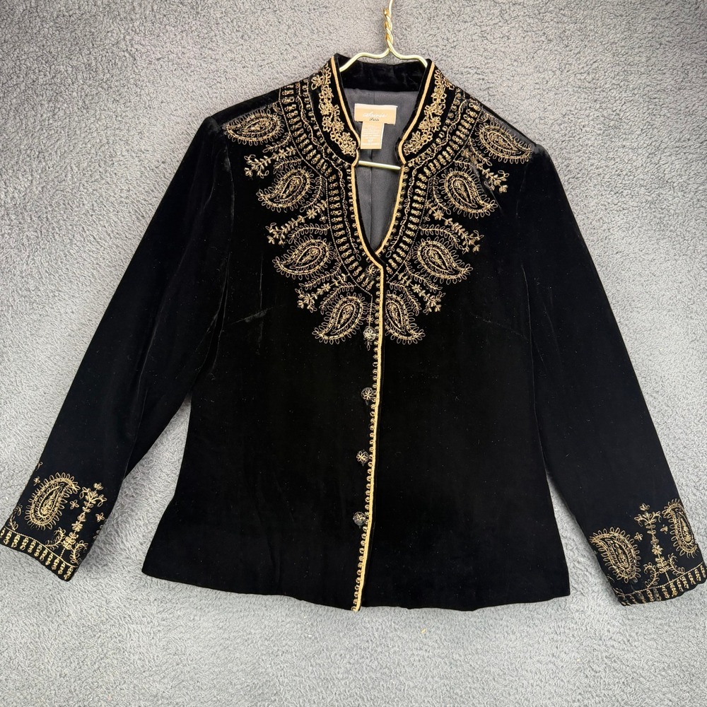 Soiree Petite Black Velvet Silk Blend Gold Embroidered Beaded Blazer Jacket 10P